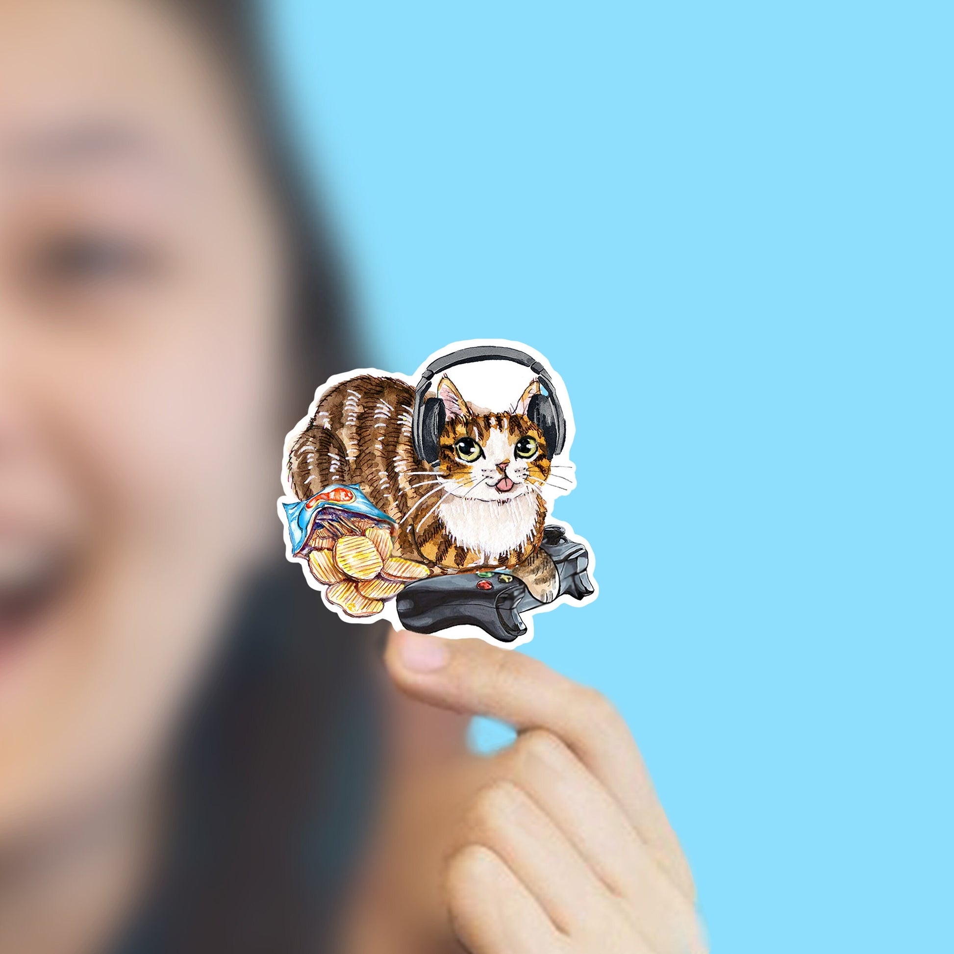 Cozy Gamer Sticker - Video Gaming Tabby Cat Sticker - Nerdy Gamer Vinyl Sticker Waterproof