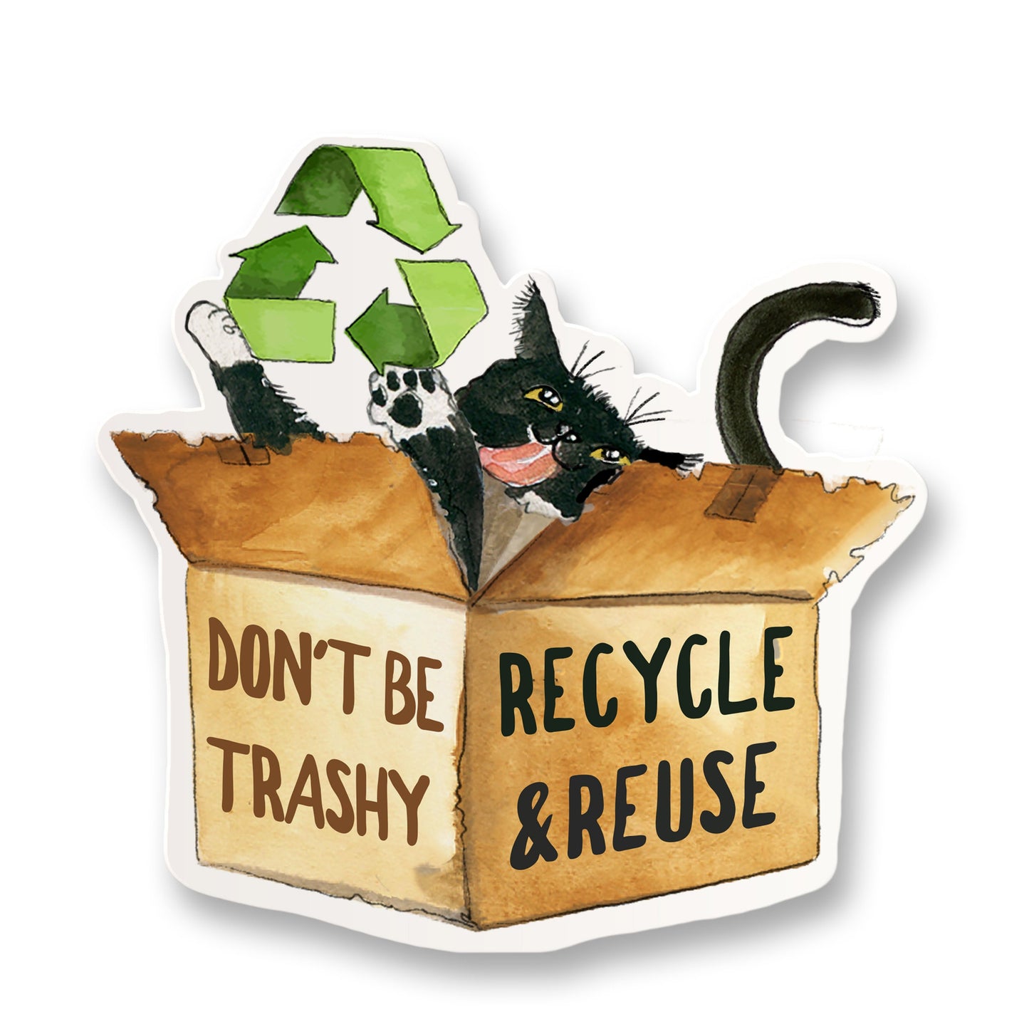 Recycle Box Tuxedo Cat Sticker - Don't Be Trashy Reduce Reuse Recycle Sticker - Black And White Cat Stickers Gifts - Liyana studio