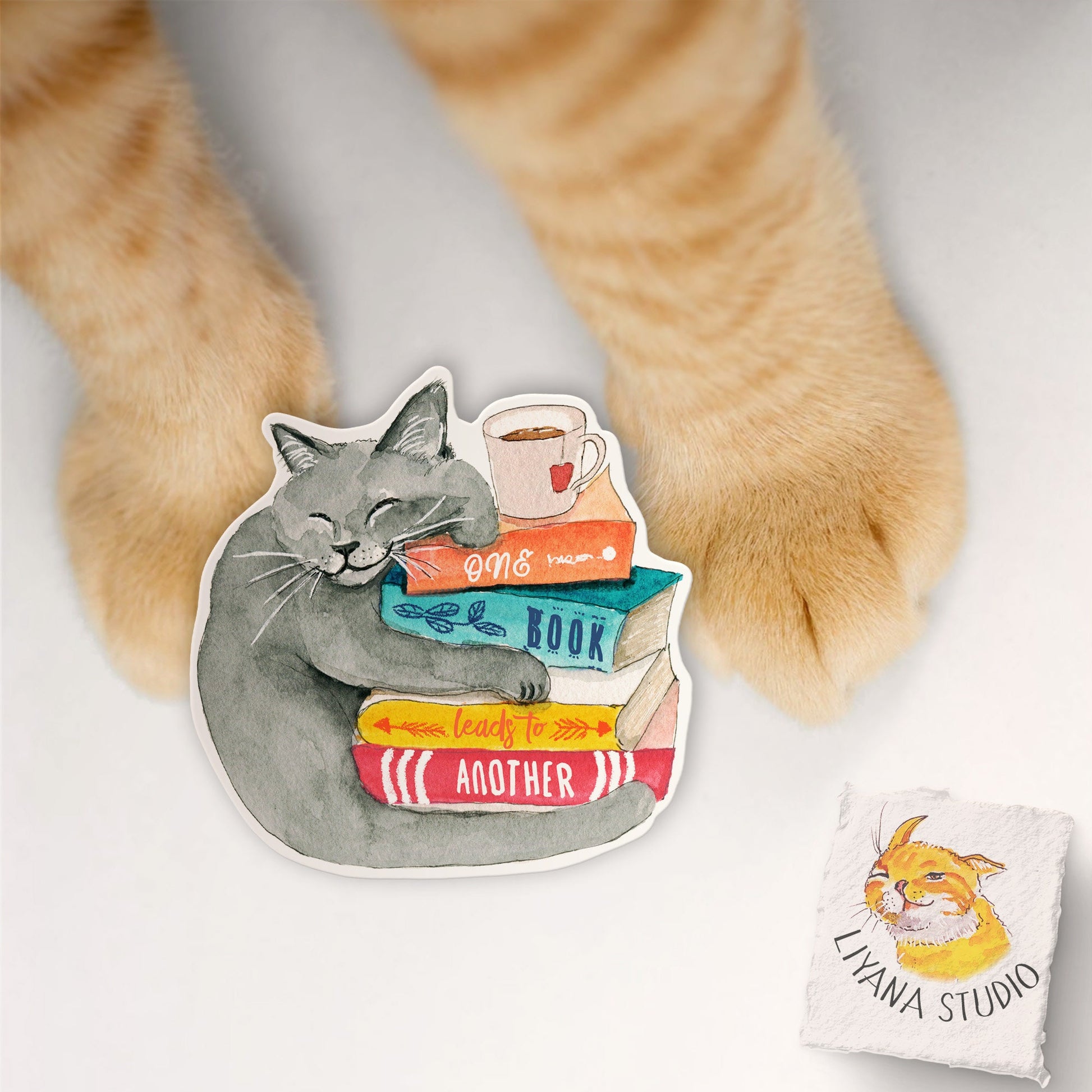 Book Lover Cat Sticker - One Book Leads To Another - Funny Waterproof Stickers For Bookish Gifts - Liyana Studio