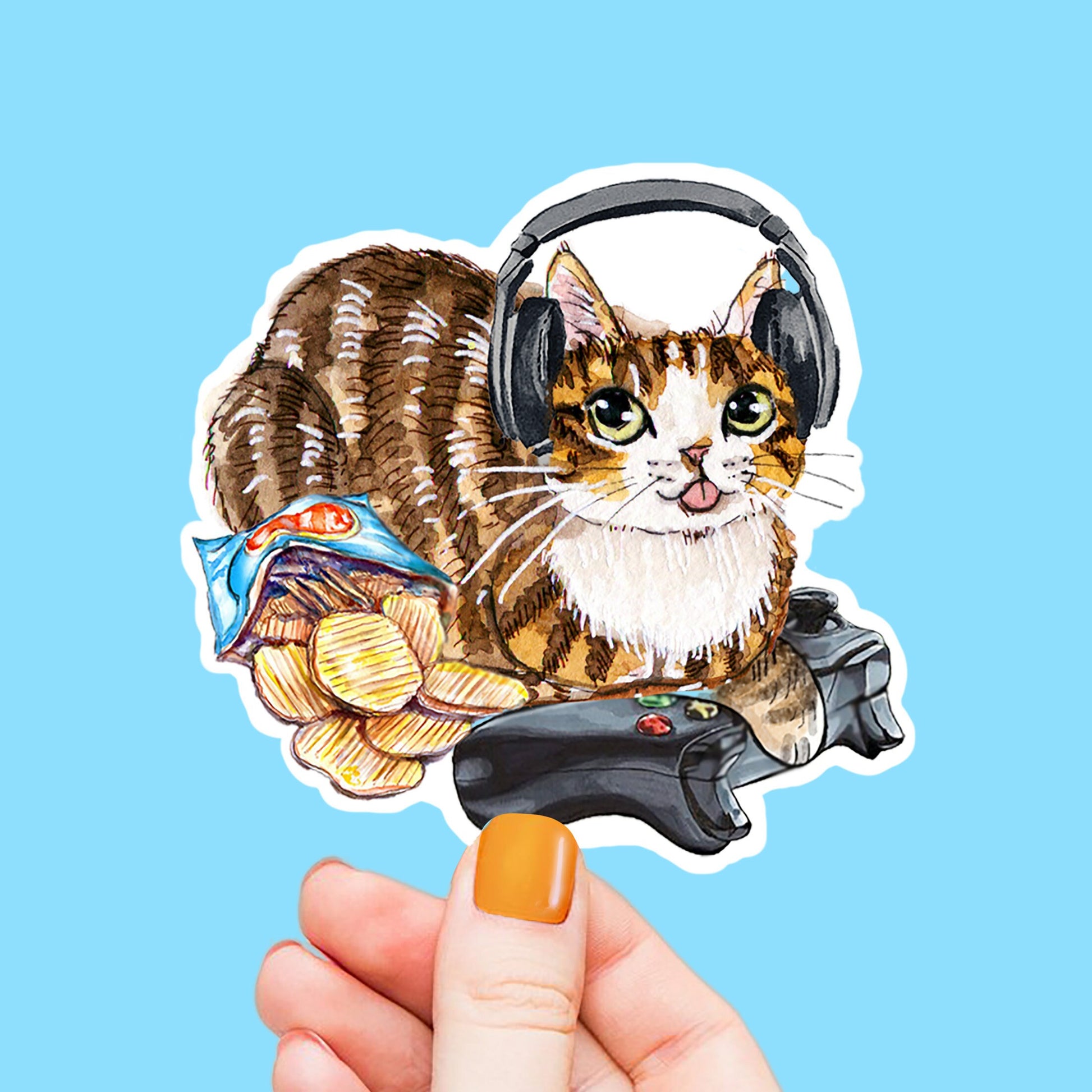 Cozy Gamer Sticker - Video Gaming Tabby Cat Sticker - Nerdy Gamer Vinyl Sticker Waterproof