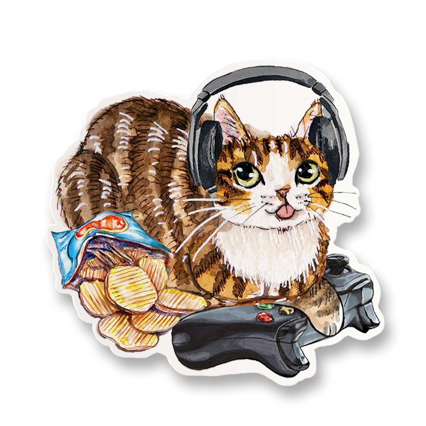 Cozy Gamer Sticker - Video Gaming Tabby Cat Sticker - Nerdy Gamer Vinyl Sticker Waterproof