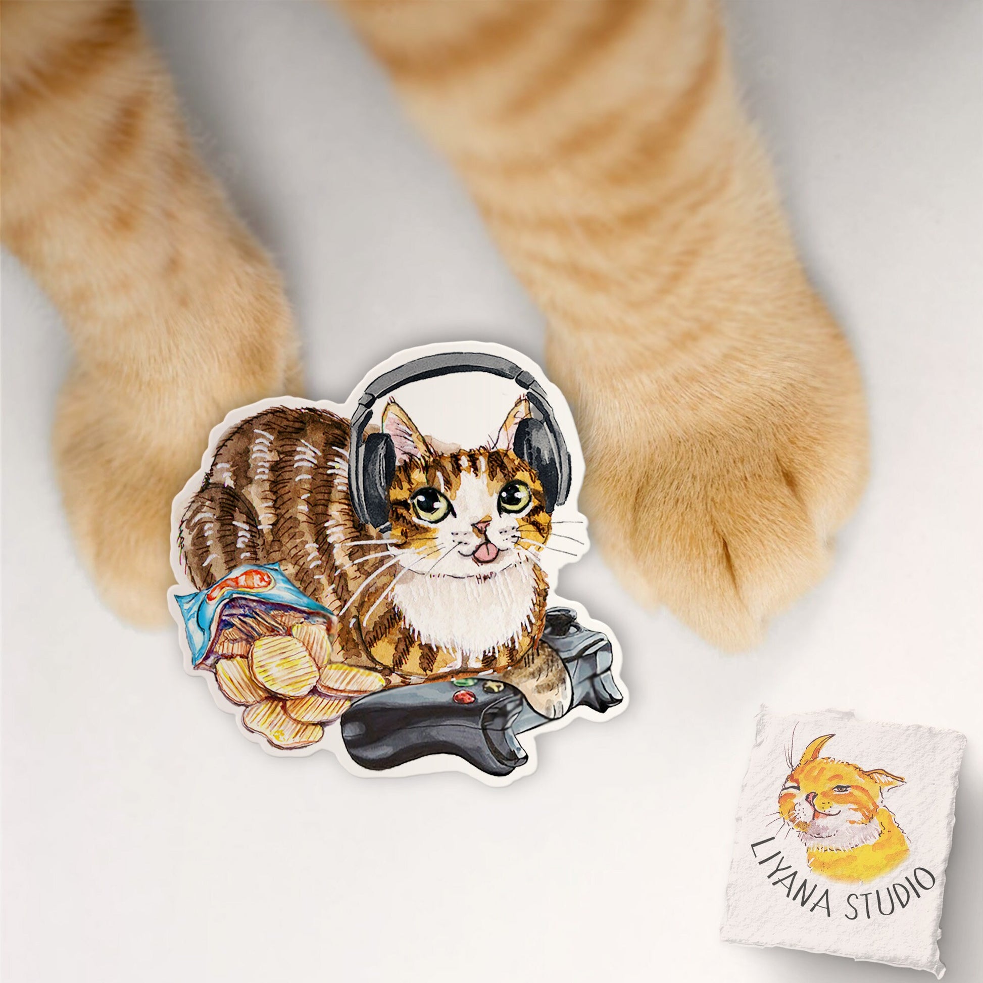 Cozy Gamer Sticker - Video Gaming Tabby Cat Sticker - Nerdy Gamer Vinyl Sticker Waterproof