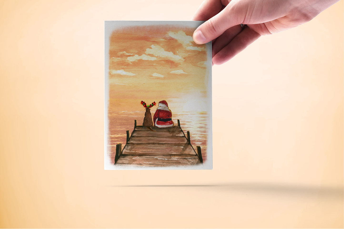 Sunset Christmas Card Set - Santa's Dog Boat Dock Gift For Her - Tropical Beach Christmas In July Lake House Gifts For Him