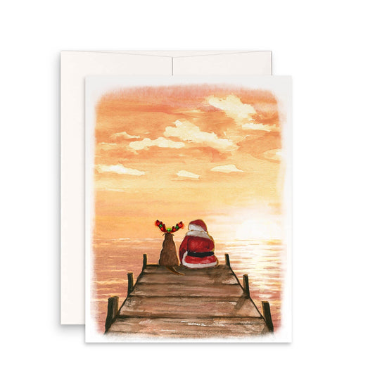 Sunset Christmas Card Set - Santa's Dog Boat Dock Gift For Her - Tropical Beach Christmas In July Lake House Gifts For Him