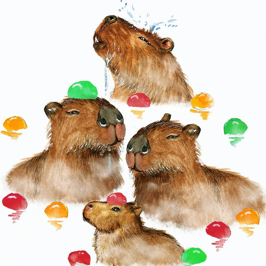 Capybara Holiday Cards For Friends - Hot Spring Bathing Capy Family Funny Christmas Card Set - Happy New Year Cards From Baby -Liyana Studio