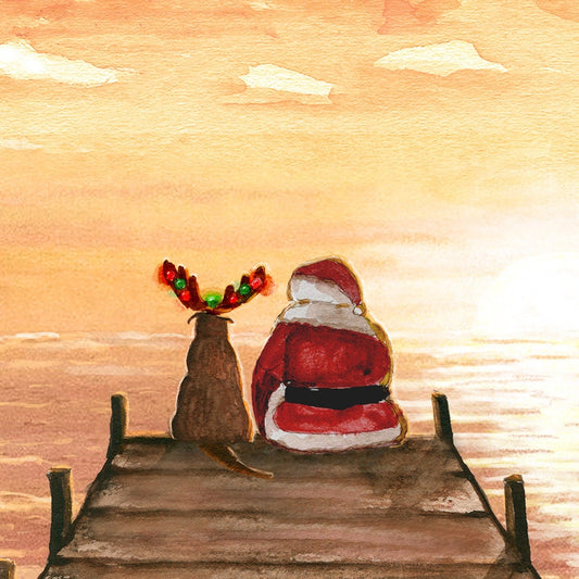 Sunset Christmas Card Set - Santa's Dog Boat Dock Gift For Her - Tropical Beach Christmas In July Lake House Gifts For Him