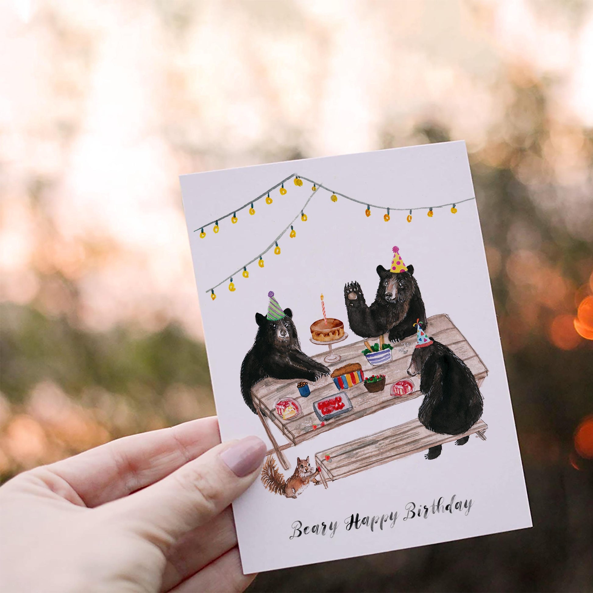 Black Bear Birthday Cards For Her - Picnic Kids Birthday Party Card - Whimsical Woodland Animals Birthday Card Funny - Liyana Studio