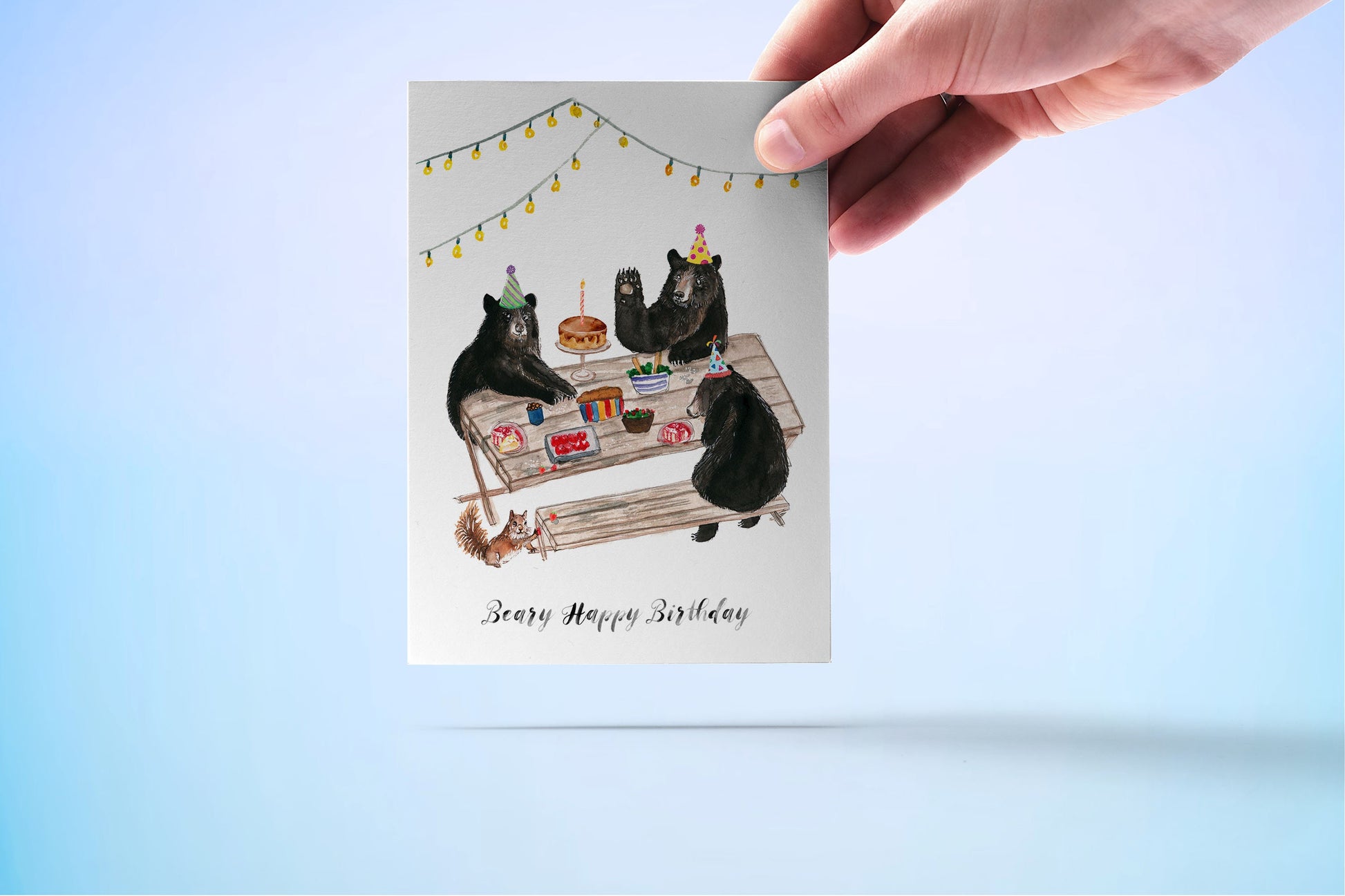 Black Bear Birthday Cards For Her - Picnic Kids Birthday Party Card - Whimsical Woodland Animals Birthday Card Funny - Liyana Studio