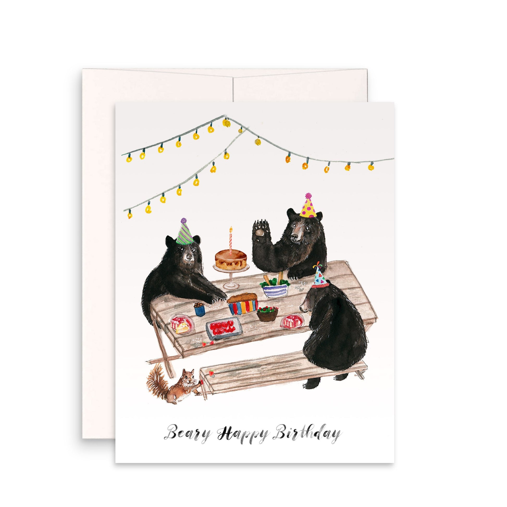 Black Bear Birthday Cards For Her - Picnic Kids Birthday Party Card - Whimsical Woodland Animals Birthday Card Funny - Liyana Studio