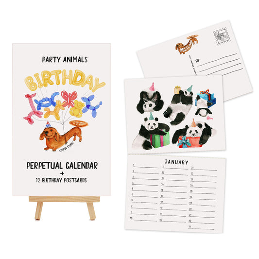 Postcard Perpetual Calendar - Party Animal Birthday Calendar - Watercolor Illustrated Small Desk Calendar With Stand - Liyana Studio