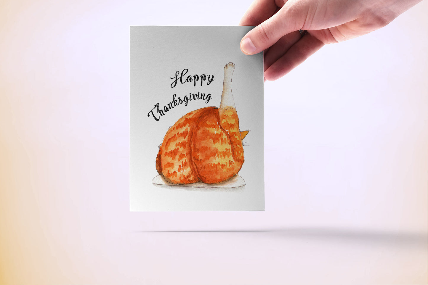 Cat Turkey Leg Happy Thanksgiving Cards Funny - Tabby Orange Cat Holiday Card For Cat Lover Gift - Handmade By Liyana Studio Greetings