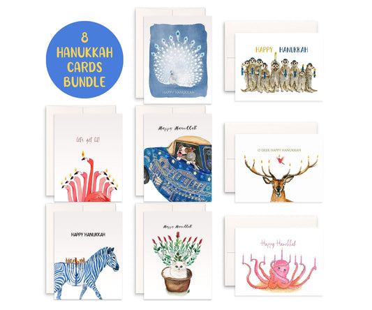 8 Animal Funny Hannukah Cards Set - Handmade Menorah Greeting Cards Pack - Unique Watercolor Chanukkah Arts Gift