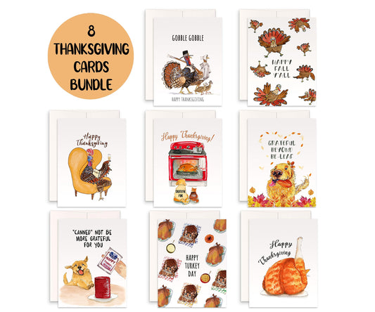 Funny Thanksgiving Cards Set - Turkey Dog Cat Holiday Cards For Friends- Handmade Greeting Cards By Liyana Studio