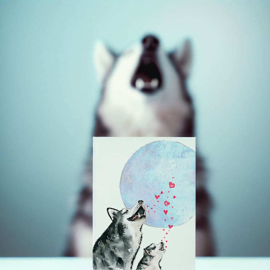 Howling Husky Dog Mom And Daughter Happy Mothers Day Card Funny - Mom Dad Birthday Cards - Funny Fathers Day Card For Dog Lovers - Moon Wolf