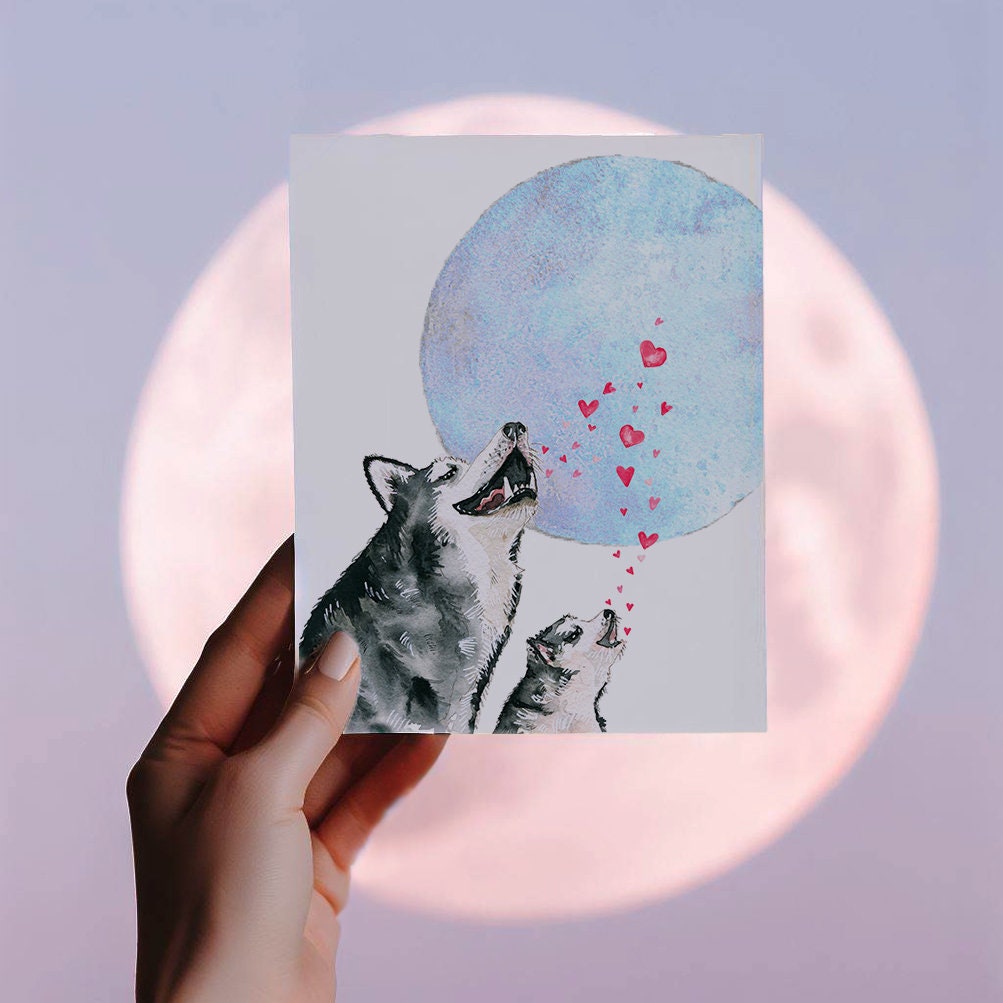 Howling Husky Dog Mom And Daughter Happy Mothers Day Card Funny - Mom Dad Birthday Cards - Funny Fathers Day Card For Dog Lovers - Moon Wolf