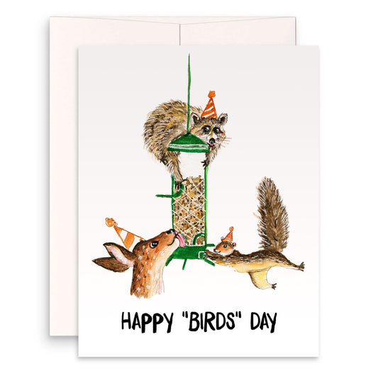 Bird Feeder Funny Birthday Cards For Bird Watching - Bird Birthday Card For Bird Lover - Nature Lover Squirrel Raccoon Deer - Liyana Studio