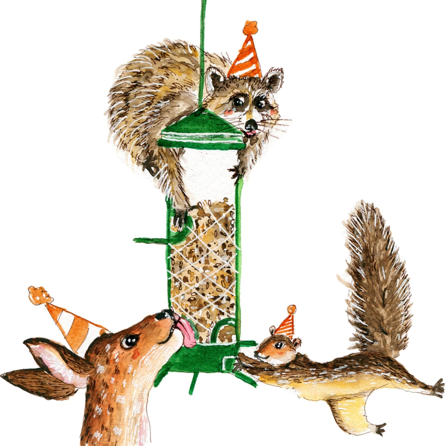 Bird Feeder Funny Birthday Cards For Bird Watching - Bird Birthday Card For Bird Lover - Nature Lover Squirrel Raccoon Deer - Liyana Studio