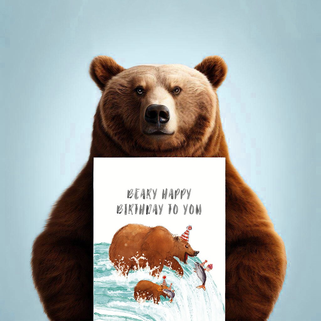 Grizzly Bear Birthday Cards For Her - Papa Mama Bear Birthday Card For Kid - Katmai Grizzly Bears Birthday Card Funny - Liyana Studio