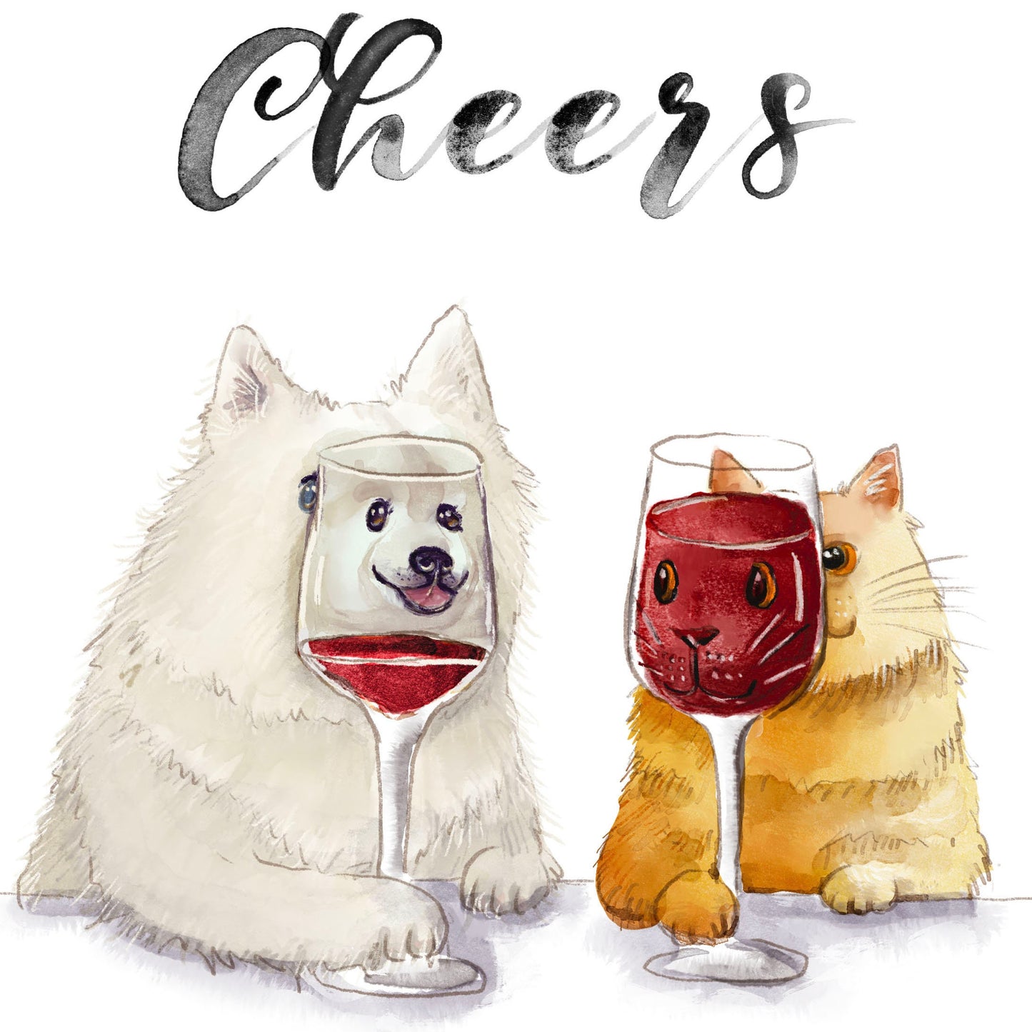 Cheers Funny Anniversary Card From Cat Dog - Red Wine Lovers Birthday Card For Best Friend- Liyana Studio Greeting Cards Handmade