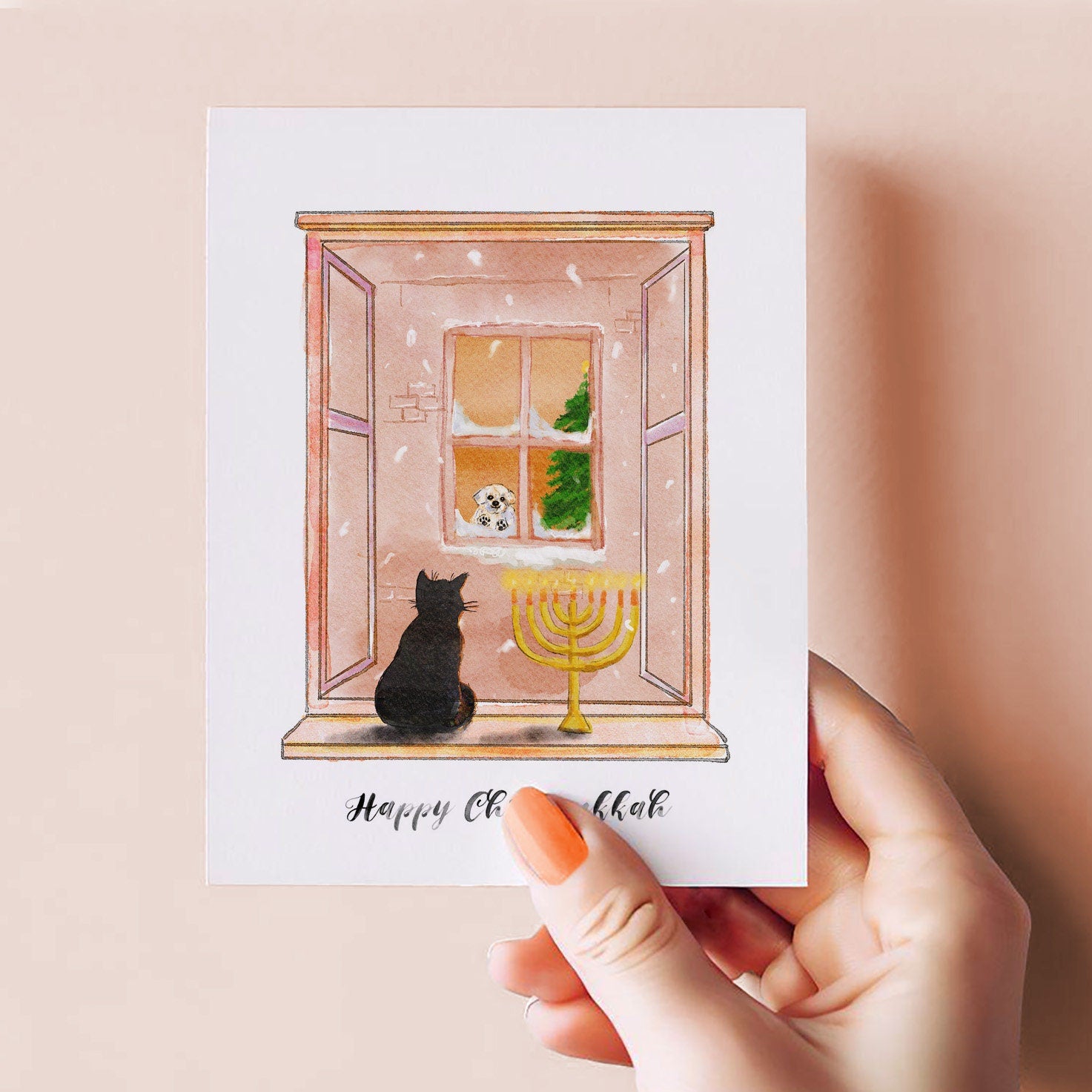 Chrismukkah Cat Hanukkah Cards Set - Chanukah Cards For Cat Dog Lovers - Handmade Greeting Cards By Liyana Studio