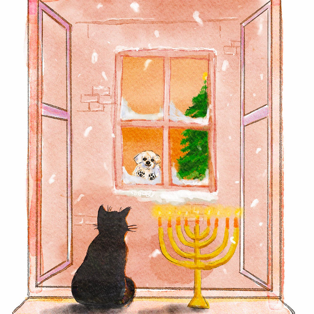 Chrismukkah Cat Hanukkah Cards Set - Chanukah Cards For Cat Dog Lovers - Handmade Greeting Cards By Liyana Studio