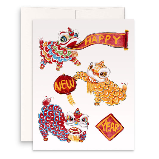 Lion Dance Happy Lunar New Year Cards Set - 2024 Chinese New Year Card For Kids - The Year Of The Dragon