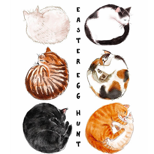 Easter Egg Hunt card featuring six cats curled up like eggs: white cat, black cat, tuxedo cat, brown tabby cat, calico cat, and an orange cat mom with her kitten. Perfect for cat lovers!