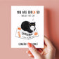 Black and white tuxedo cat lounges on a bent diploma in a cute and funny graduation card. Caption: &#39;You are edu-cat-ed, unlike this cat—congratulations!&#39; Ideal for cat lovers and recent grads with a sense of humor.